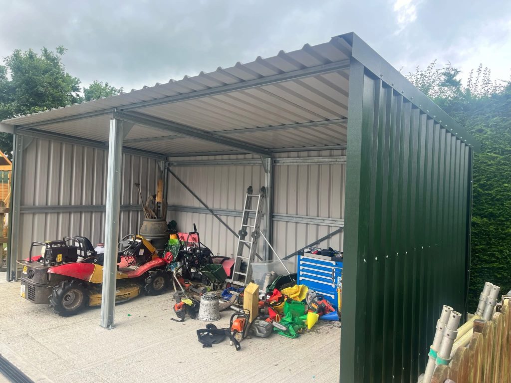 steel shelter used for storing farming equipment